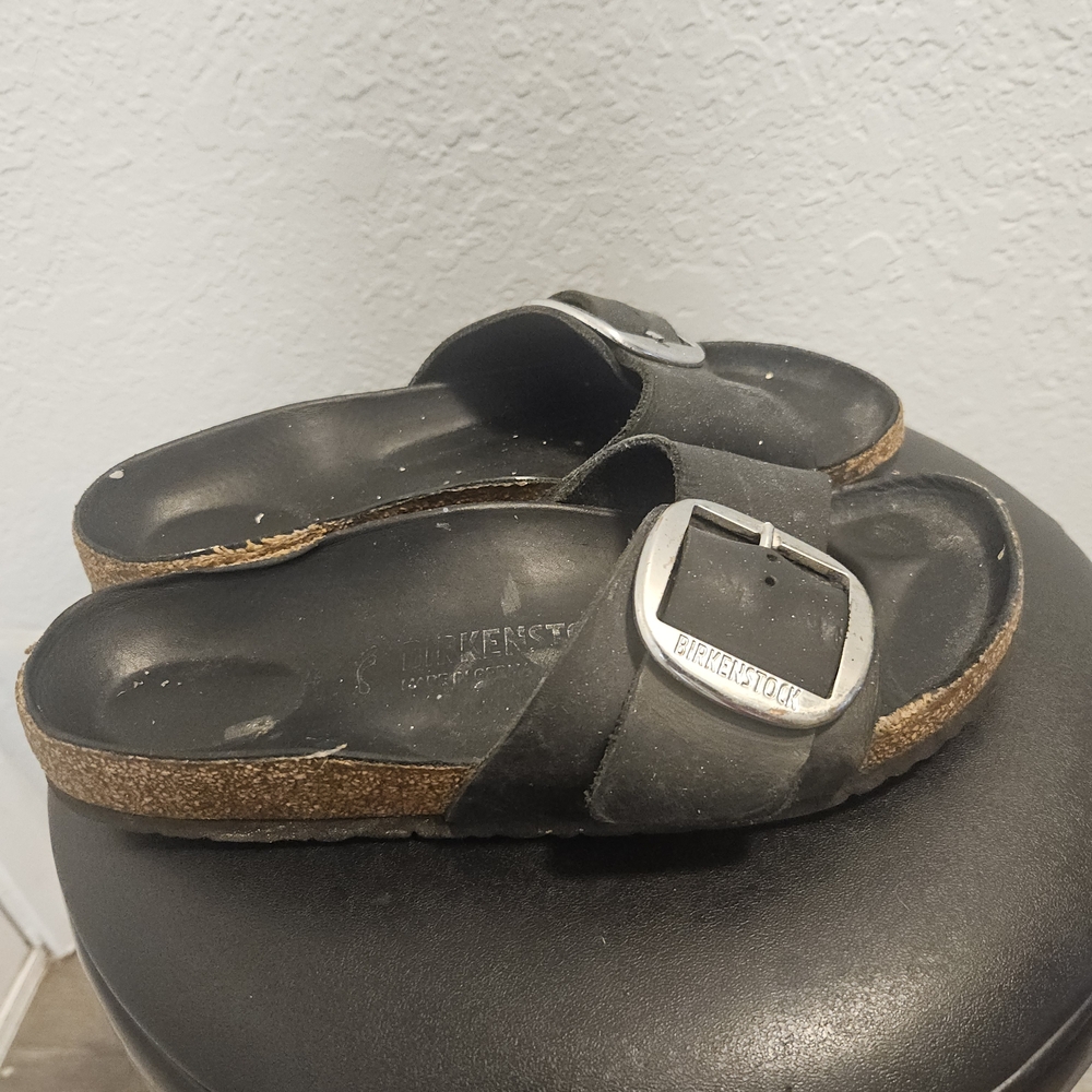 Birkenstock Madrid Black Leather Big Buckle Slide Sandals